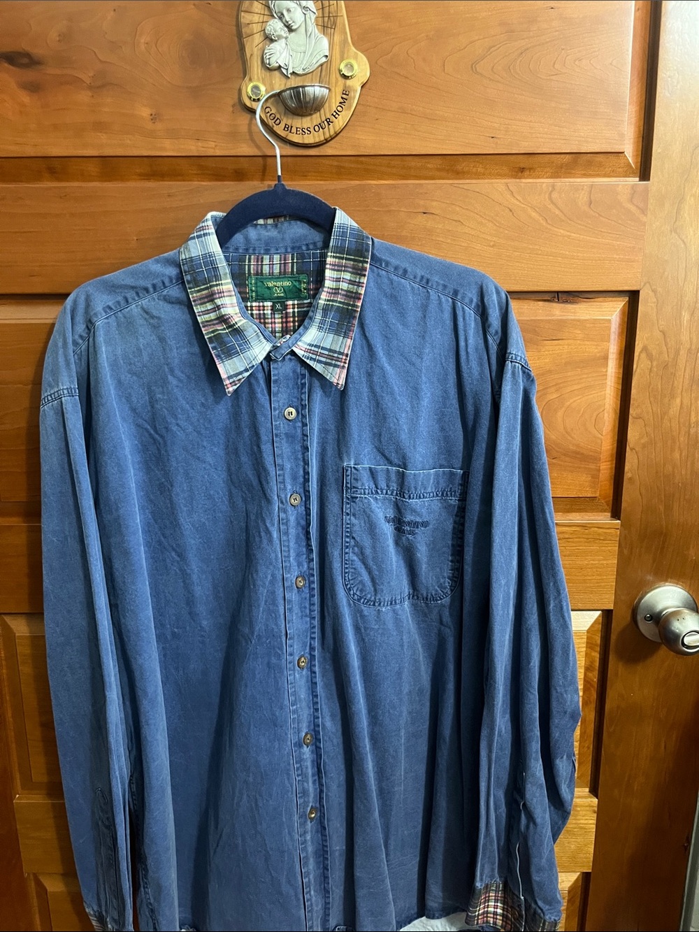 Valentino Blue Button-Down Shirt with Plaid Collar
